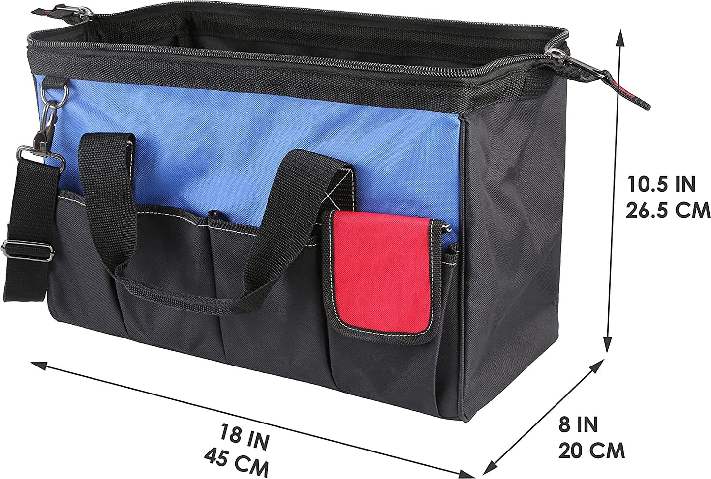 18" wide mouth tool bag with 14 pockets, blue-black