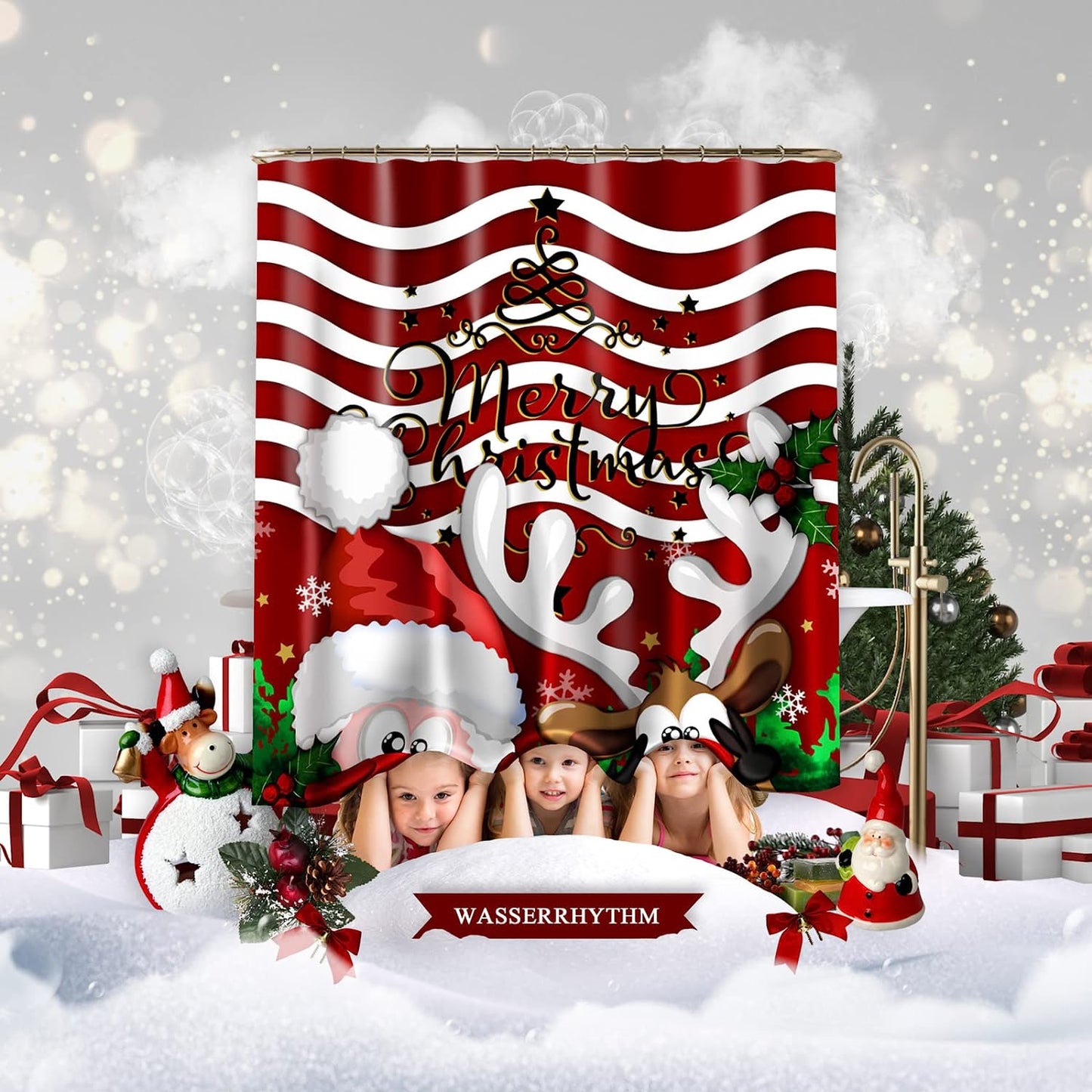 Merry Christmas Red Reindeer Santa Claus Shower Curtain 72x72"