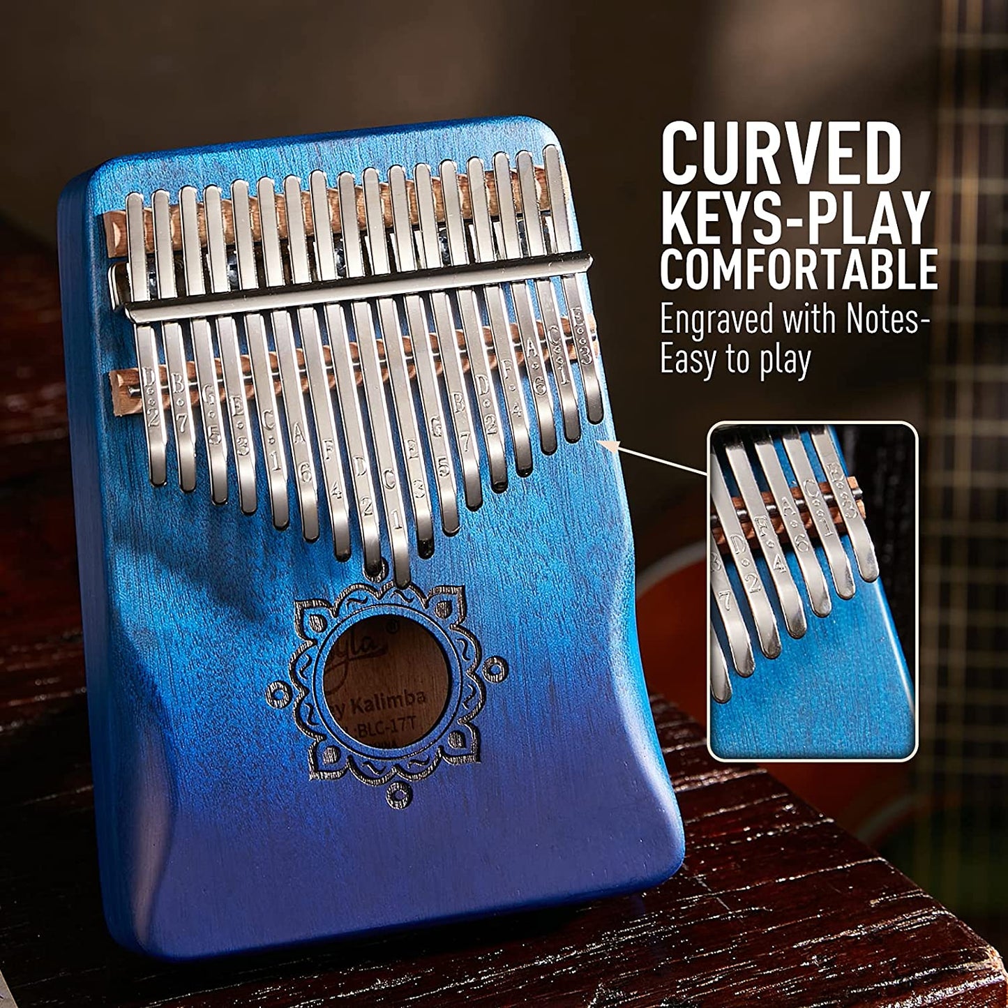 Portable kalimba 17 keys mahogany wood, color: 	gradient blue