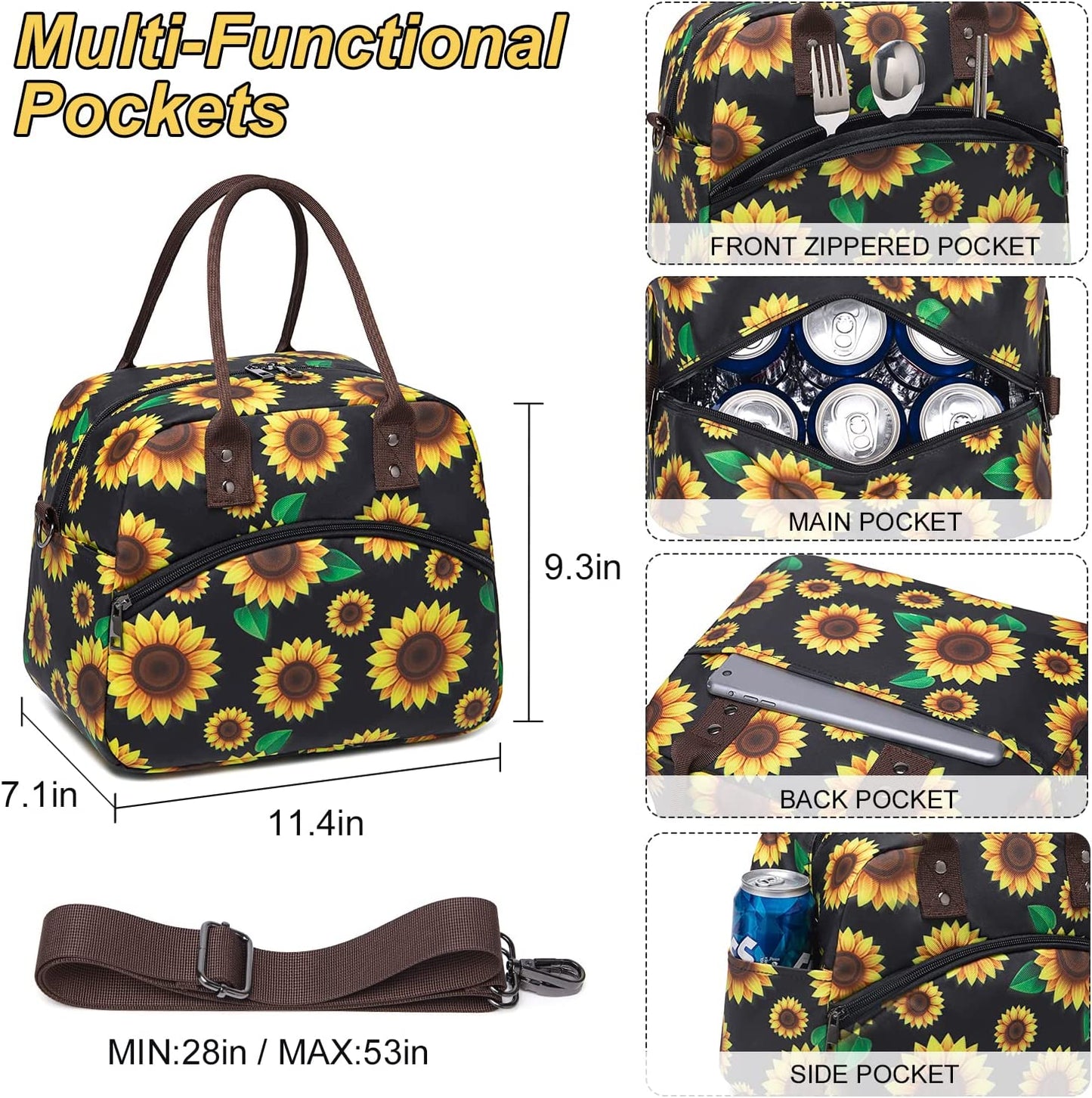 Adjustable Strap Insulated Lunch Bag - Bright Sunflower