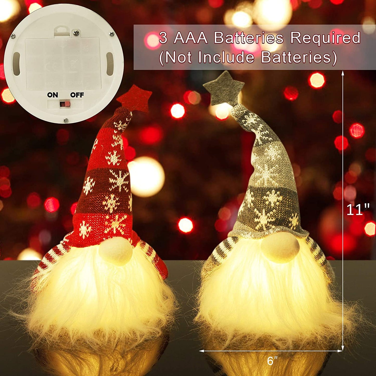 11" Light Up Christmas Gnome, 2 Sets