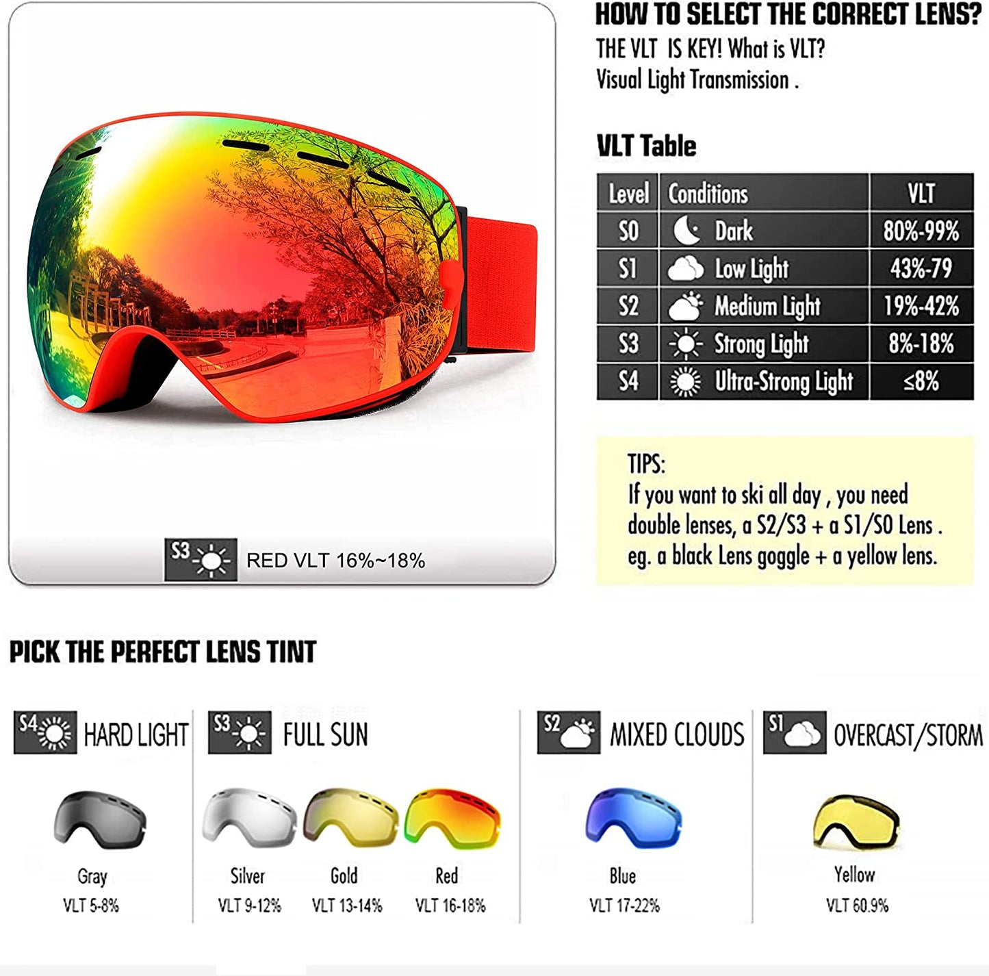 Ski goggles over goggles, UV400 anti-fog, Red