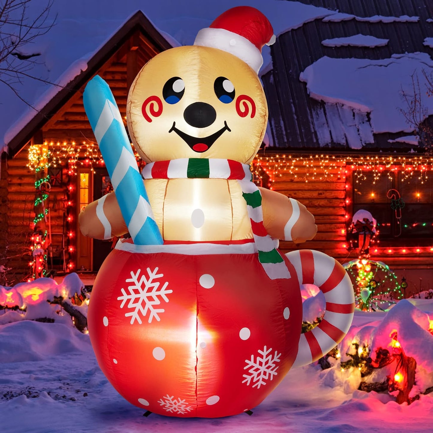 6ft Christmas Inflatable Gingerbread Man in Cocoa Cup, LED Light