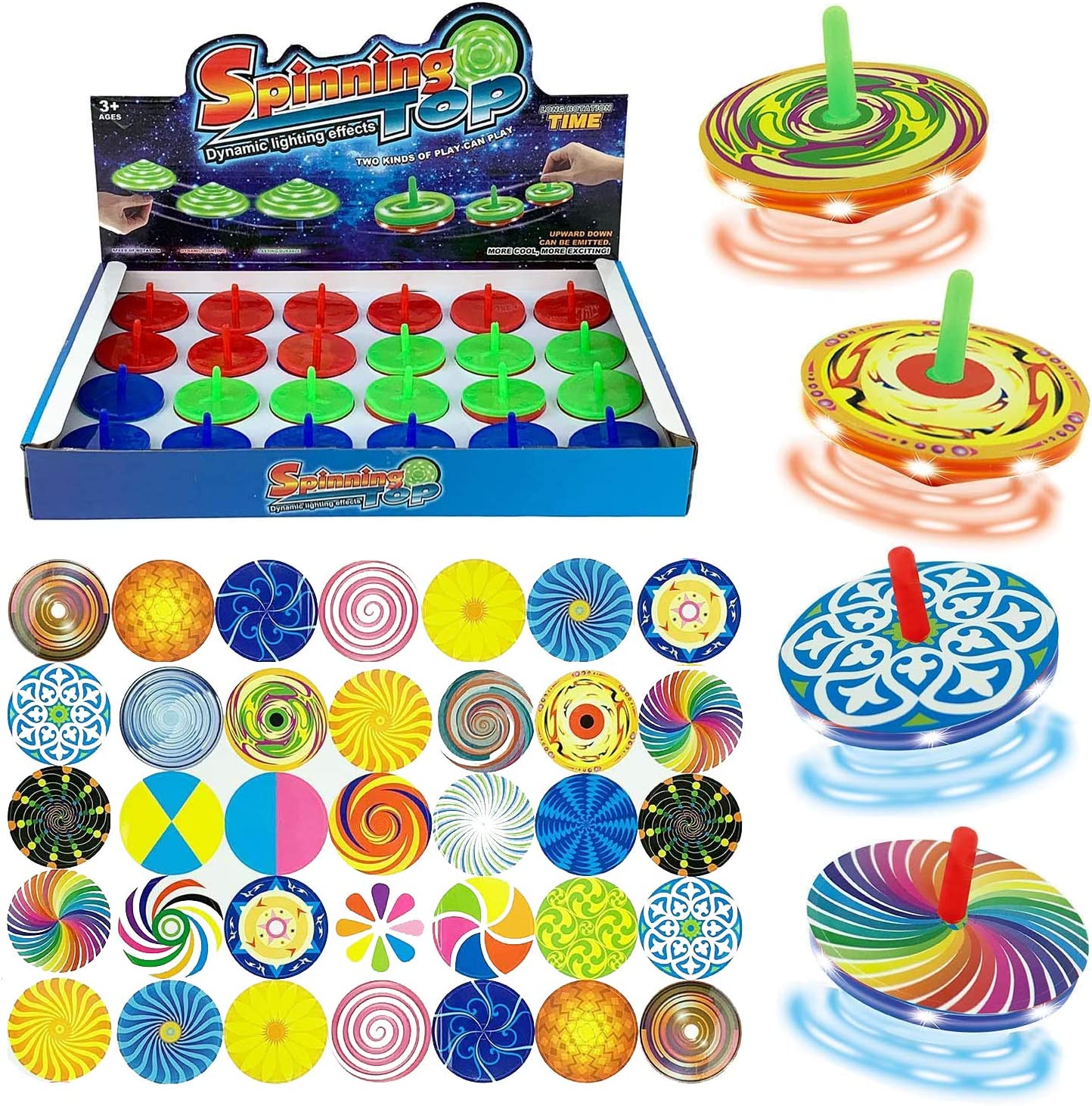 LED Light Up Spinning Toy with Colored Stickers (24-Pack)