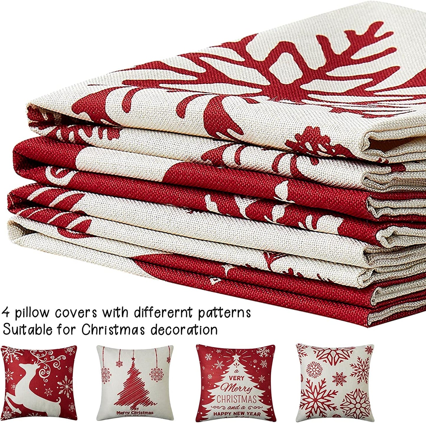 4 Christmas pillowcases, 18x18 inches, Christmas Red