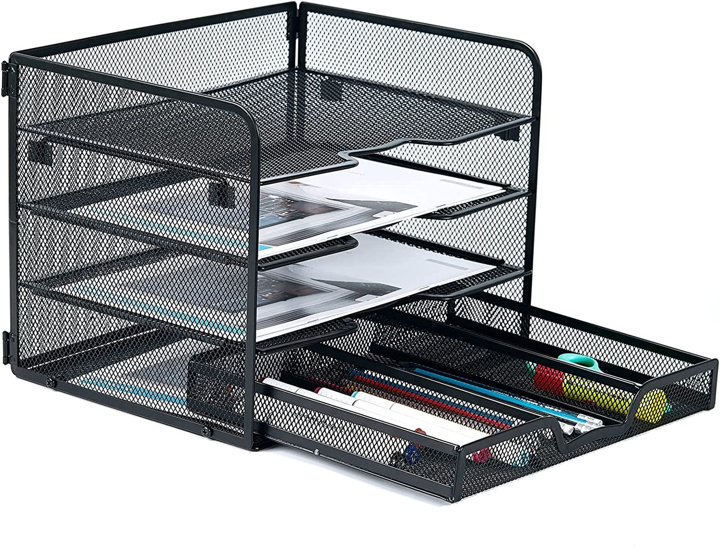 Tiered Mesh Tray Desktop File Organizer, (Color: Black)