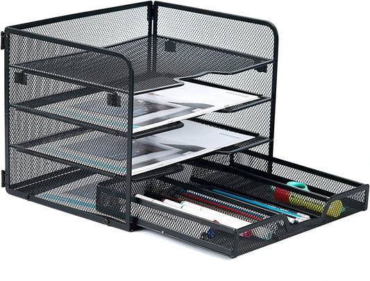 Tiered Mesh Tray Desktop File Organizer, (Color: Black)