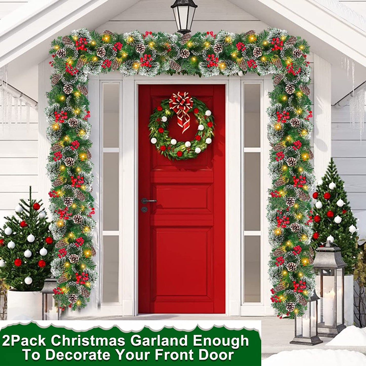 2 Pack + 8 Modes 9ft 100 LED Pre-lit Snowy Christmas Garland