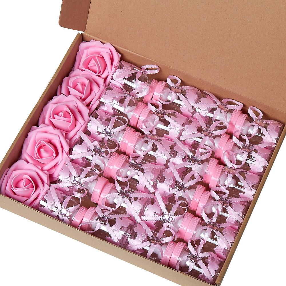 candy box with Set of 24 bottles (3.5 inches) and 5 artificial flowers, (pink)