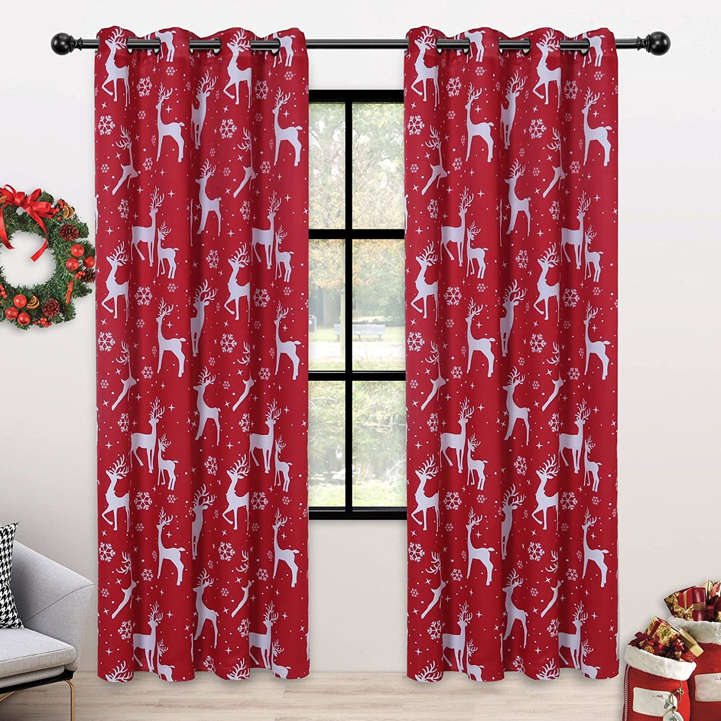 2 Christmas Deer Print Curtains, 52" x 108", Red