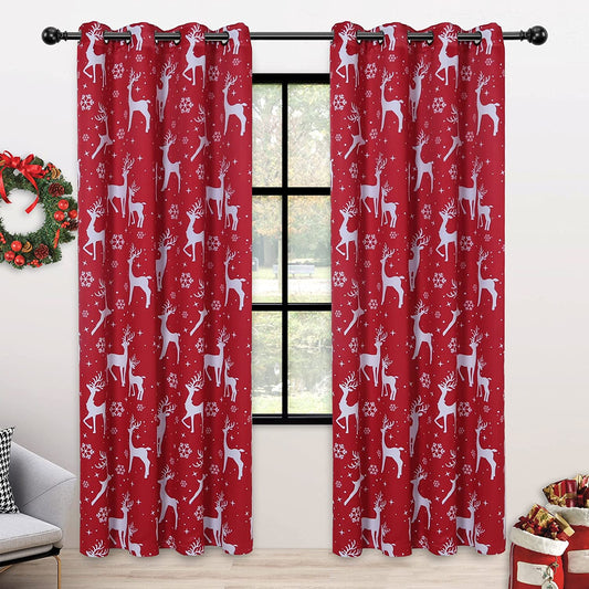 2 Christmas Deer Print Curtains, 52" x 108", Red