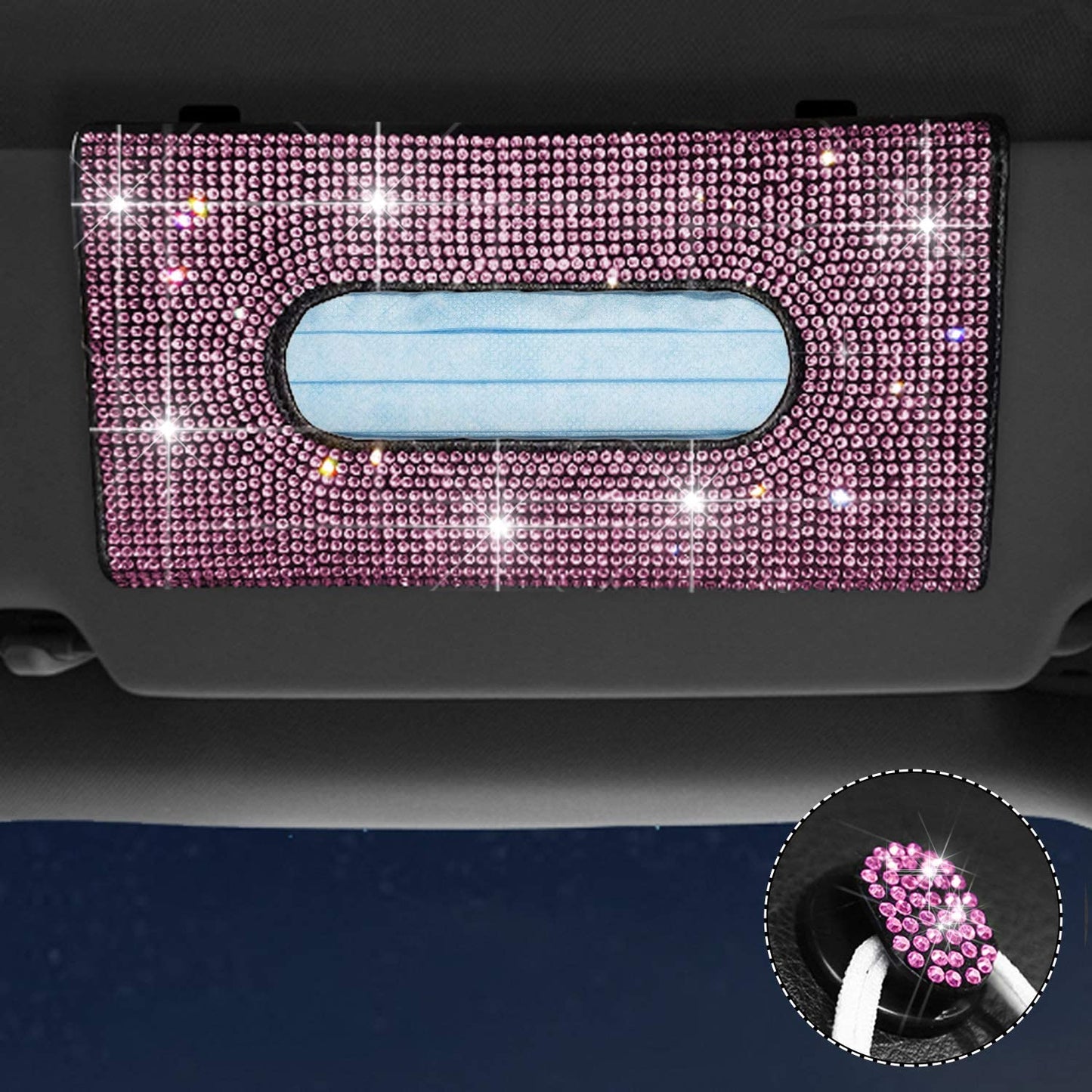 Car Visor Tissue Holder with 1 Pink Glitter Mask Hook.