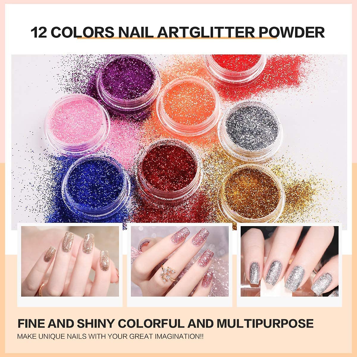 Acrylic nail kit with set of 12 glitter powders
