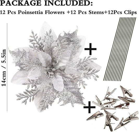 12 pcs 14 cm / 5.5 inches silver poinsettia Christmas flowers