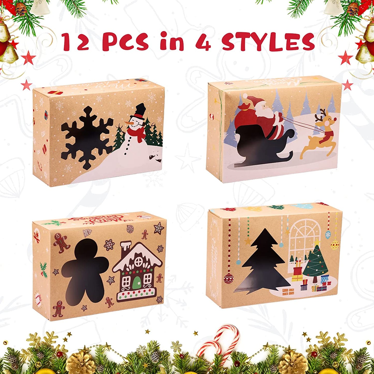 12 Christmas gift boxes with window and ribbon