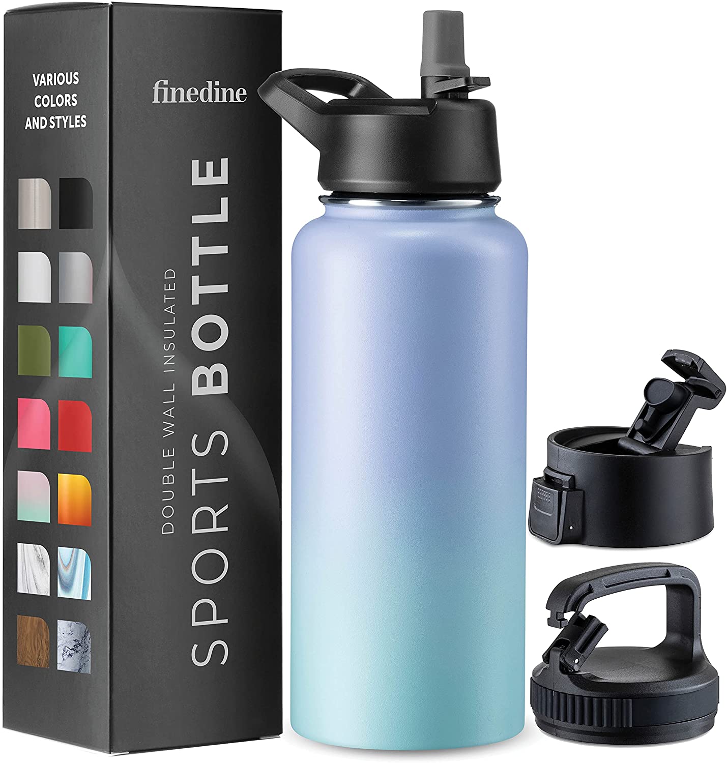 Insulated Water Bottle, 3 Lids - Powder Steel Blue Blend (32oz)