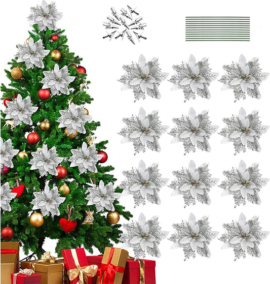 12 pcs 14 cm / 5.5 inches silver poinsettia Christmas flowers