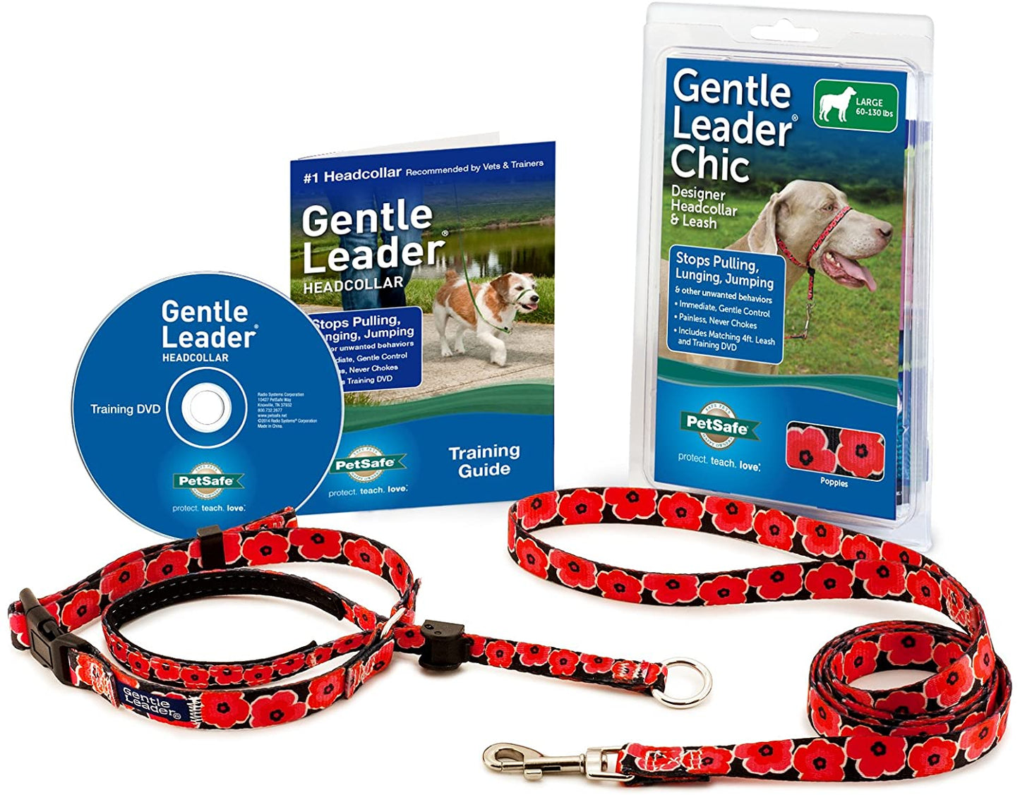 Pet Collar with Leash and Harness, Size L, Poppies