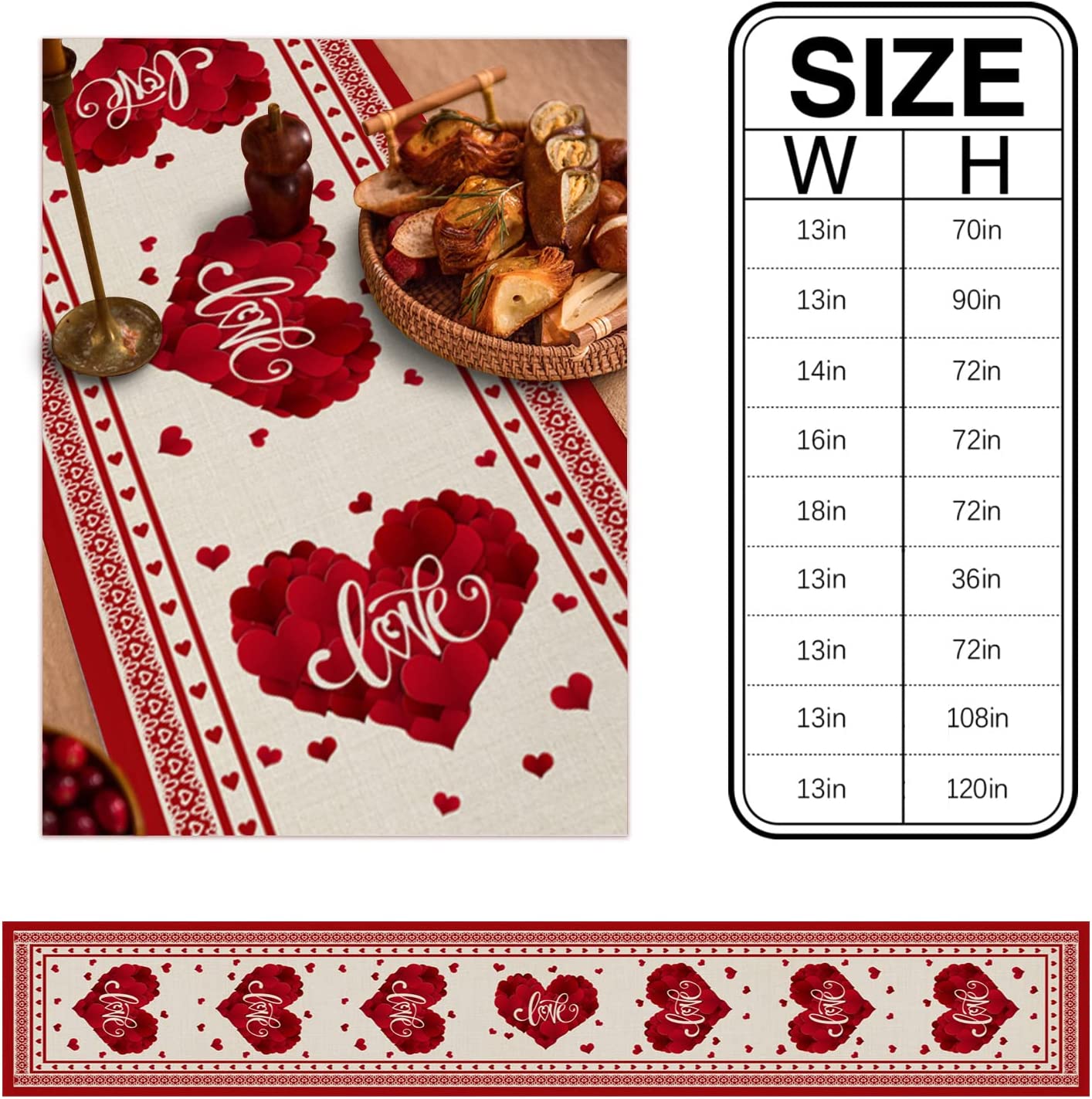 Valentine's Day Table Runner 13" x 90", Red Love Heart