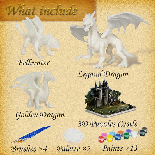 painting kit, with 3 dragon figures and 3D puzzle castle