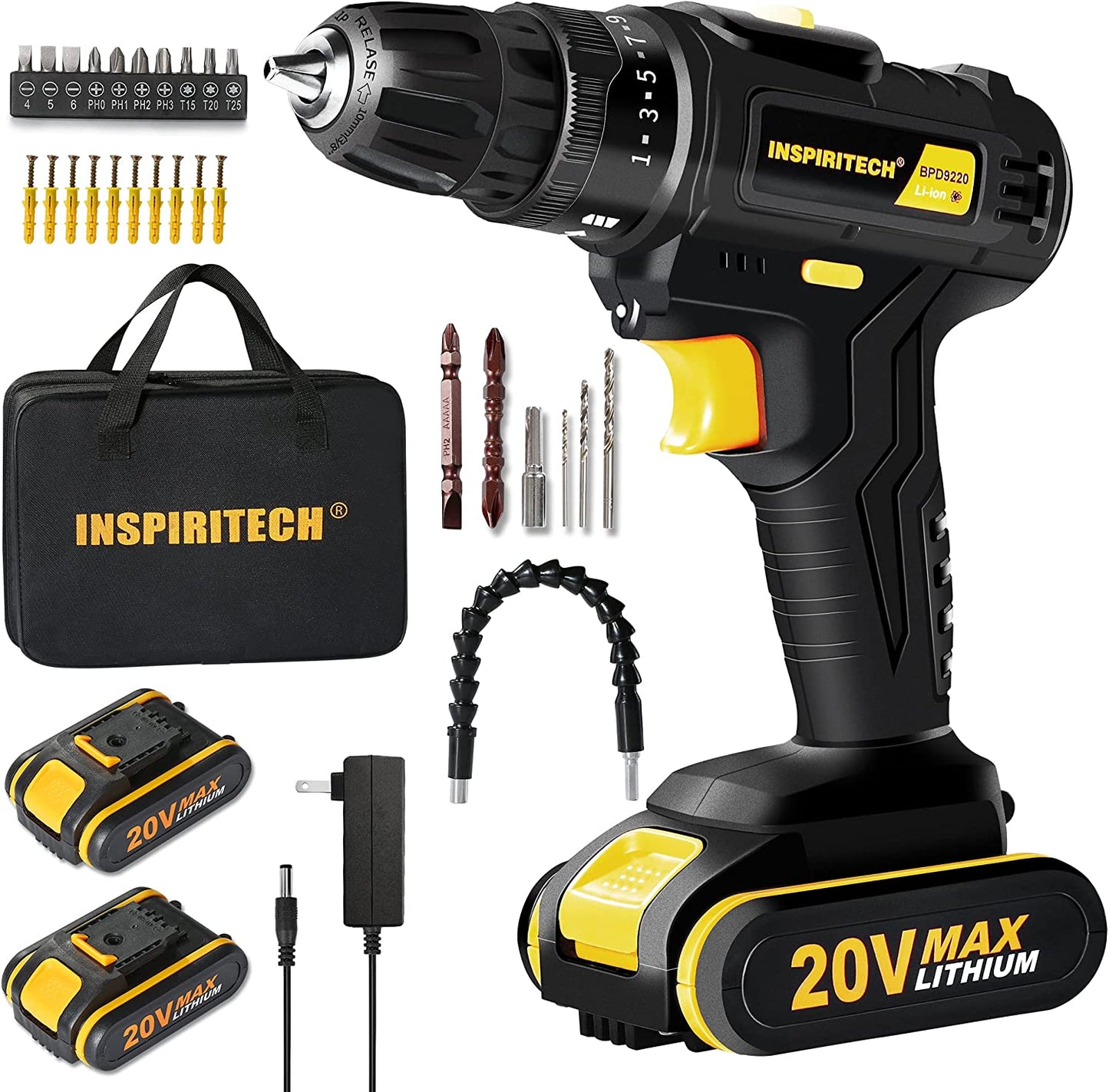 20V Cordless Drill (3/8") with 2 Batteries and Charger