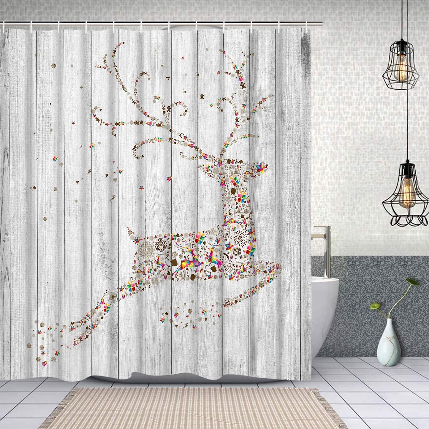 Christmas Reindeer Shower Curtain Set of 4 with Non-Slip Rug