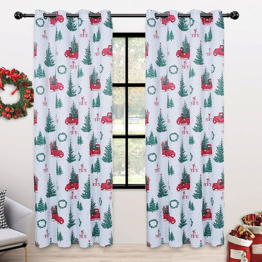 2 Christmas Tree Print Curtains, 52" x 108", Color: White