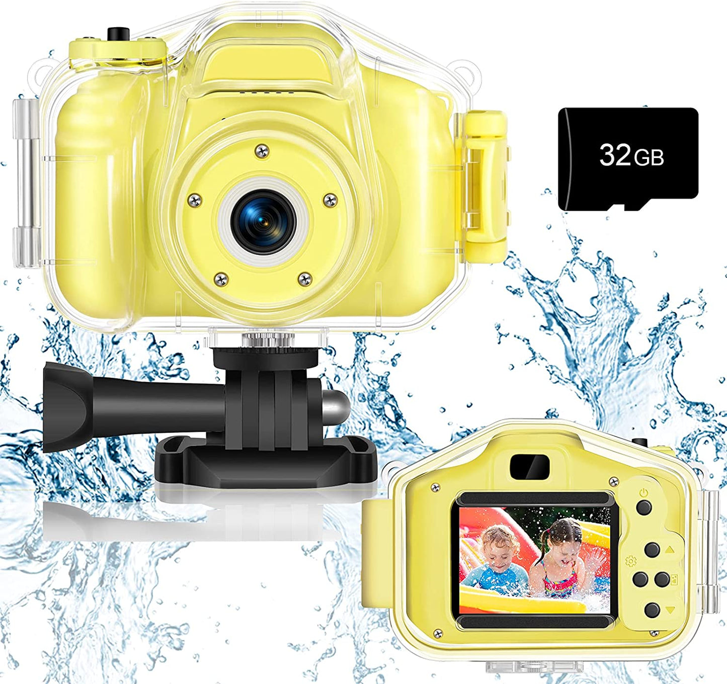 Underwater Camera for Kids, 2 Inch Screen with 32GB Card (Yellow)