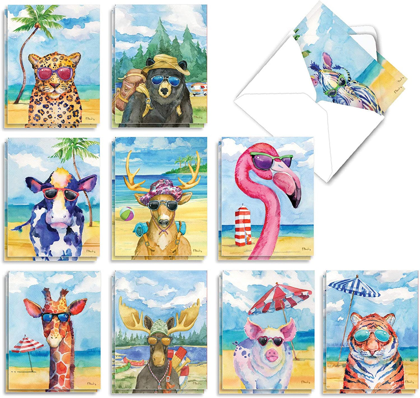 20 Blank Note Cards with Envelopes (Style: Animal's Day Off)