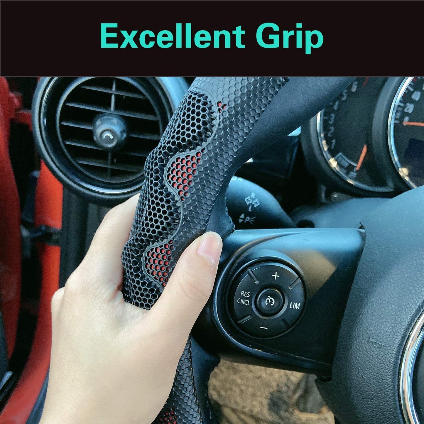 Black Honeycomb High Grip Steering Wheel Cover (Shaped, Wine Red)