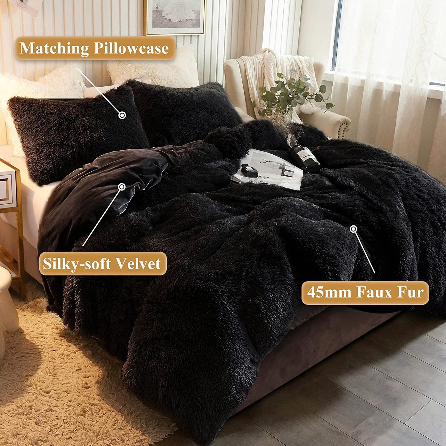 Furry Crystal Velvet 3 Piece Bedding Set (King, Black)