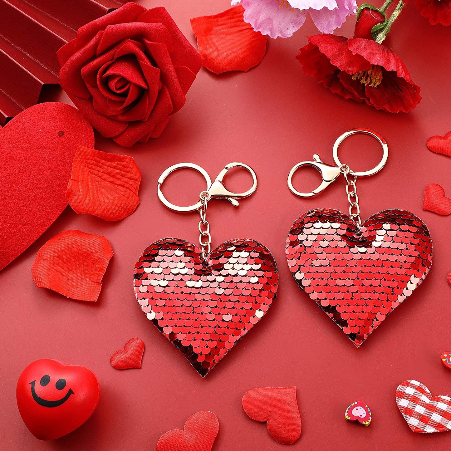 24 Pieces Valentines Heart Keychains, Red