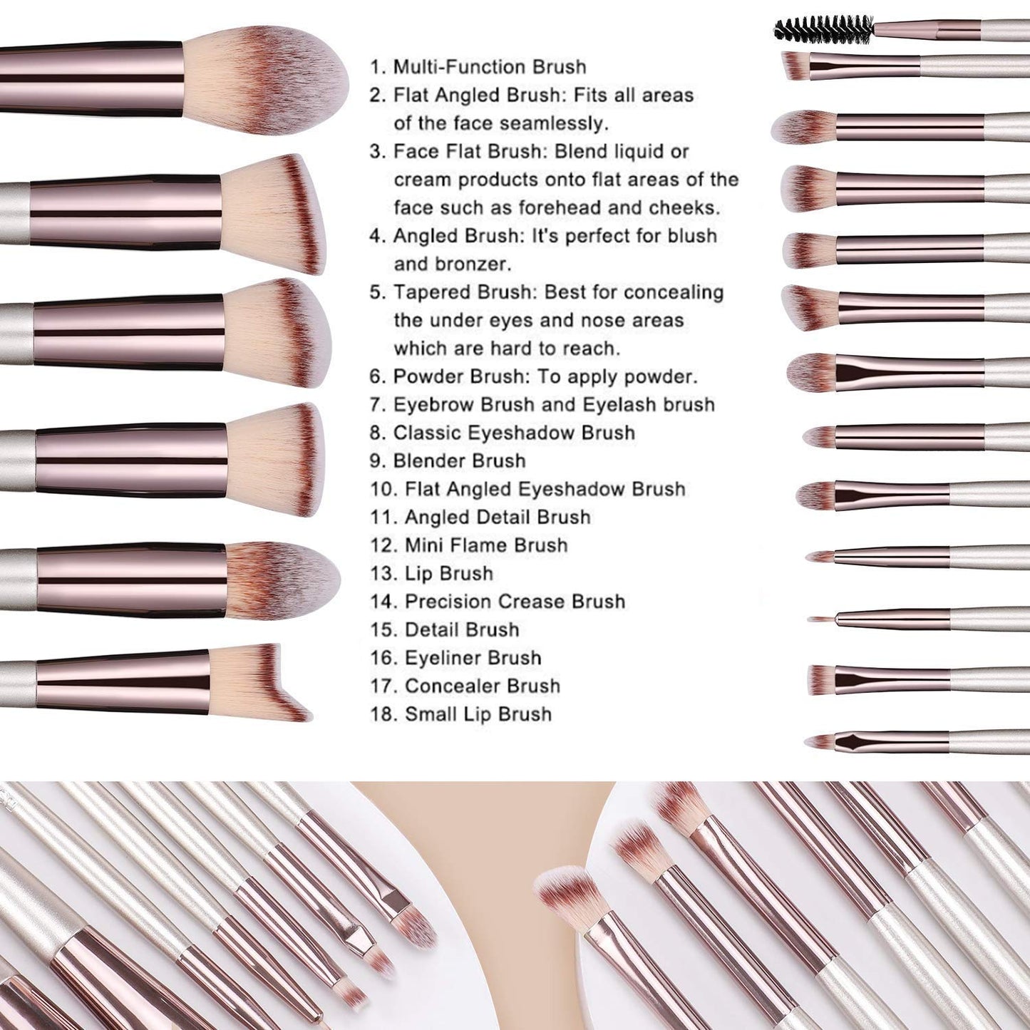 Makeup brush set, 18 pieces, with case, (Champagne Gold)