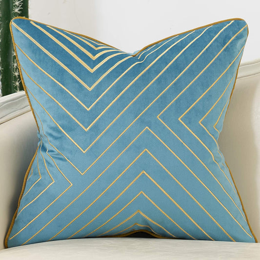 18" x 18" Geometric Lines Cushion, (Grey Blue Gold)