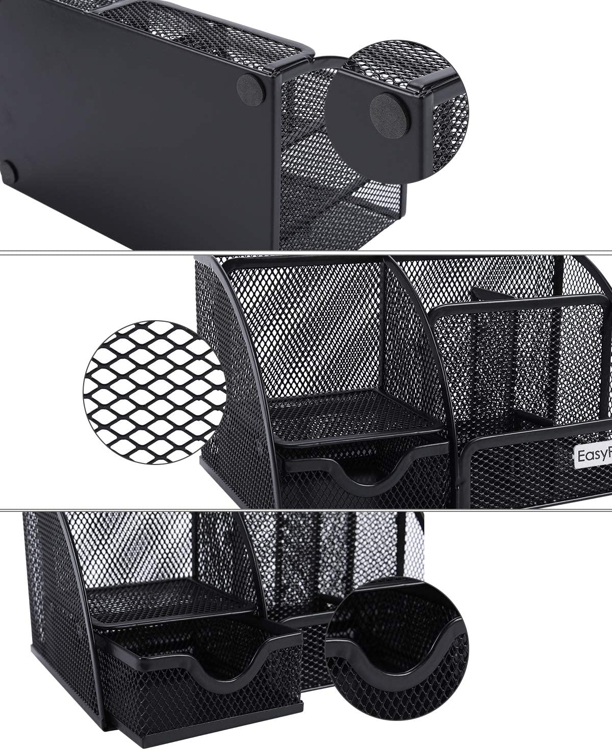 Mesh desk organizer with 6 compartments and 1 sliding drawer.