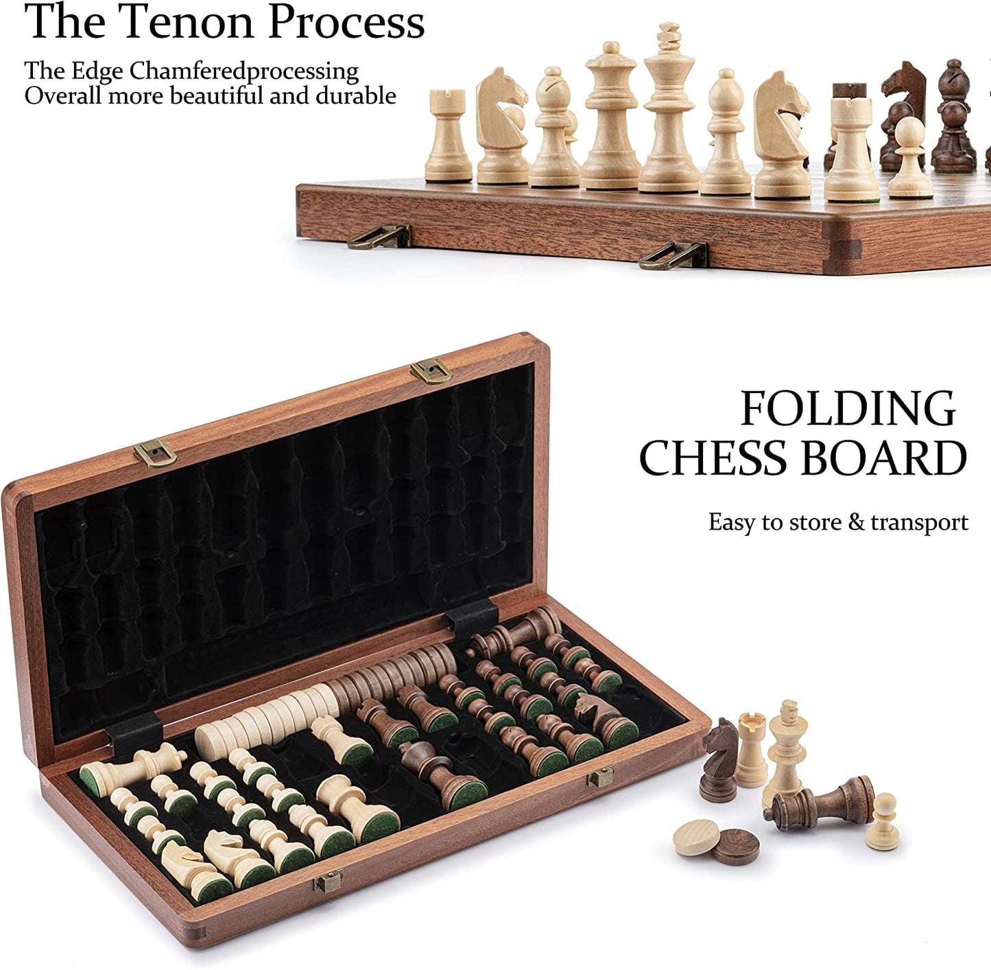 15-Inch Wood Chess and Checkers Set, Mahogany and Maple Inlays