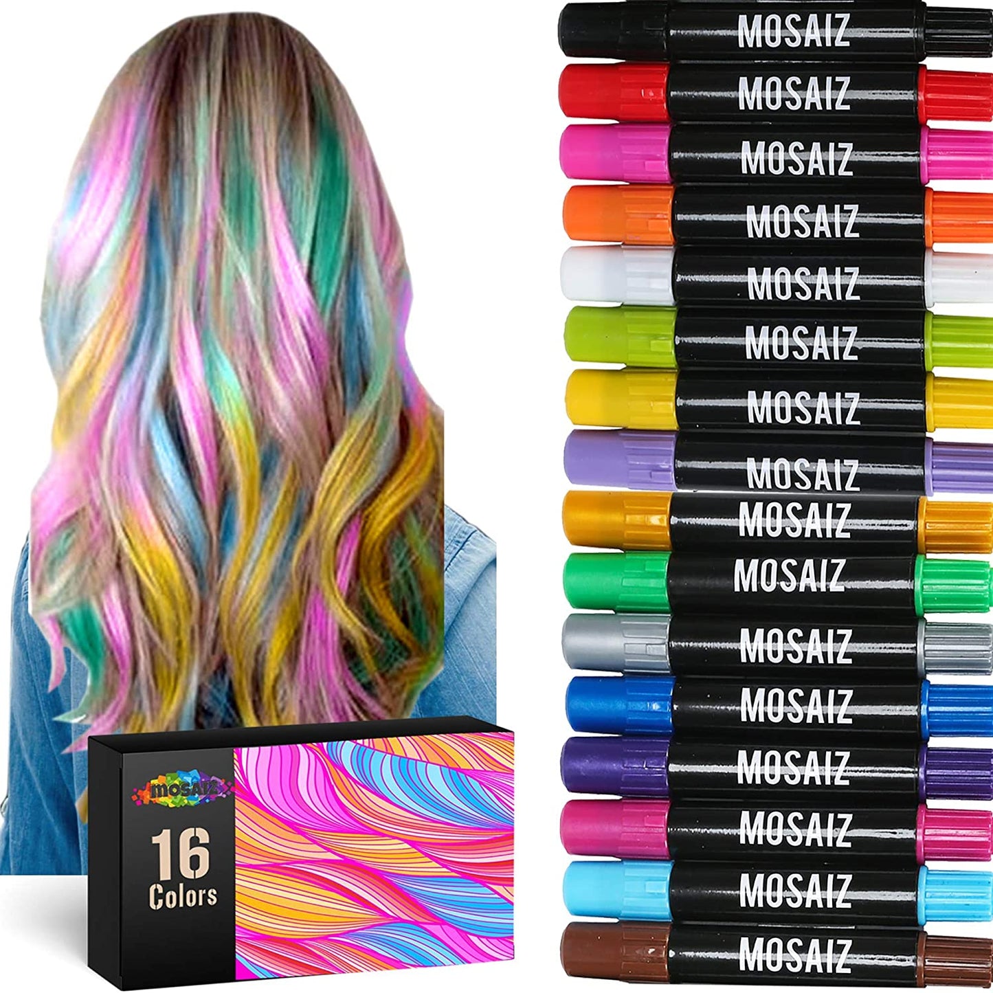 Hair chalk, 16 pens, including 6 metallic colors for extra shine