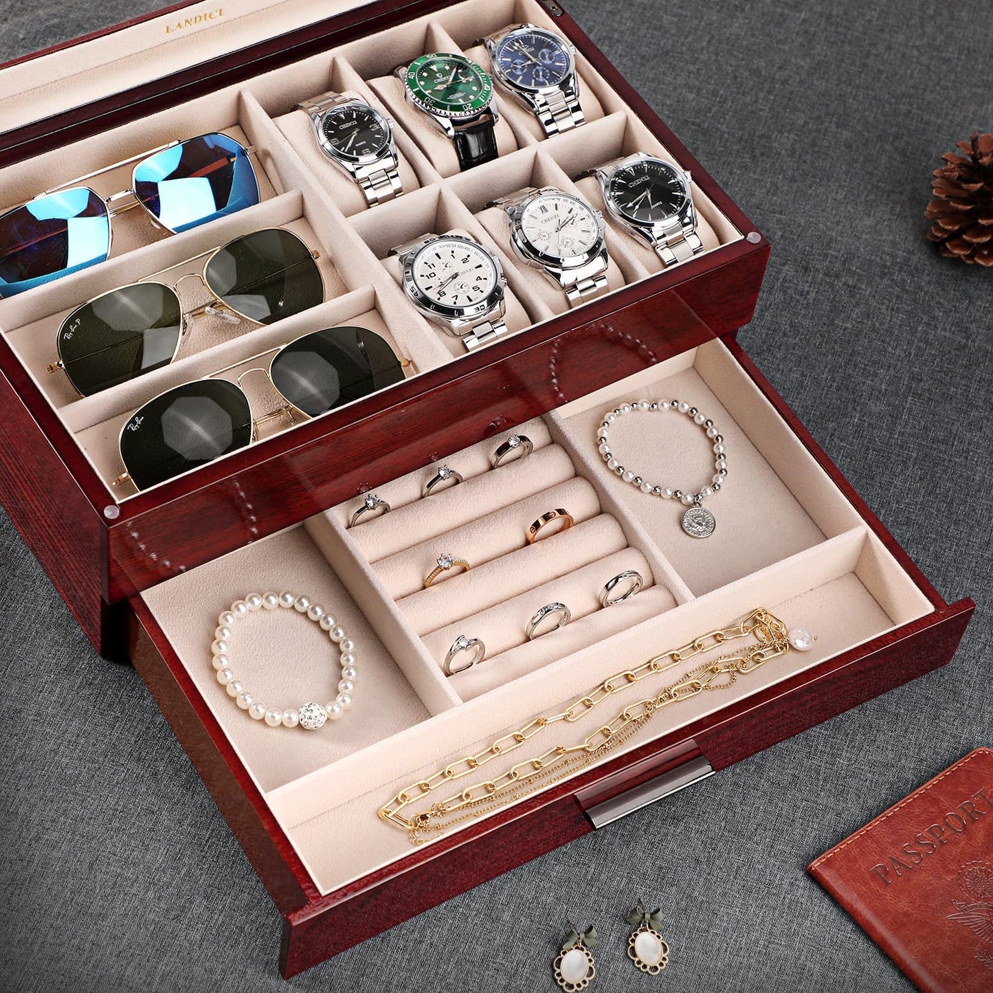 Wooden Box Organizer  For Watch & Jewelry, Color: Walnut Wood