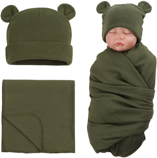 Baby Cotton Hat Set, swaddle and hat, 0-6 Months (Olive Green)