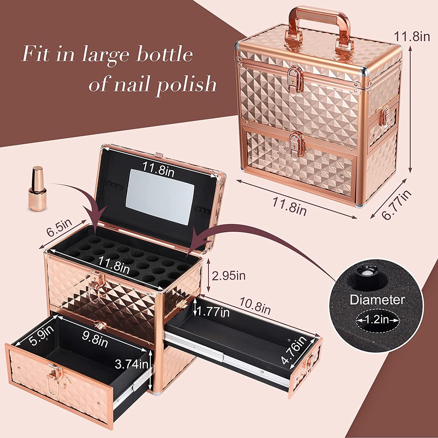 Cosmetic Box Nail Case Storage Organizer, rose gold