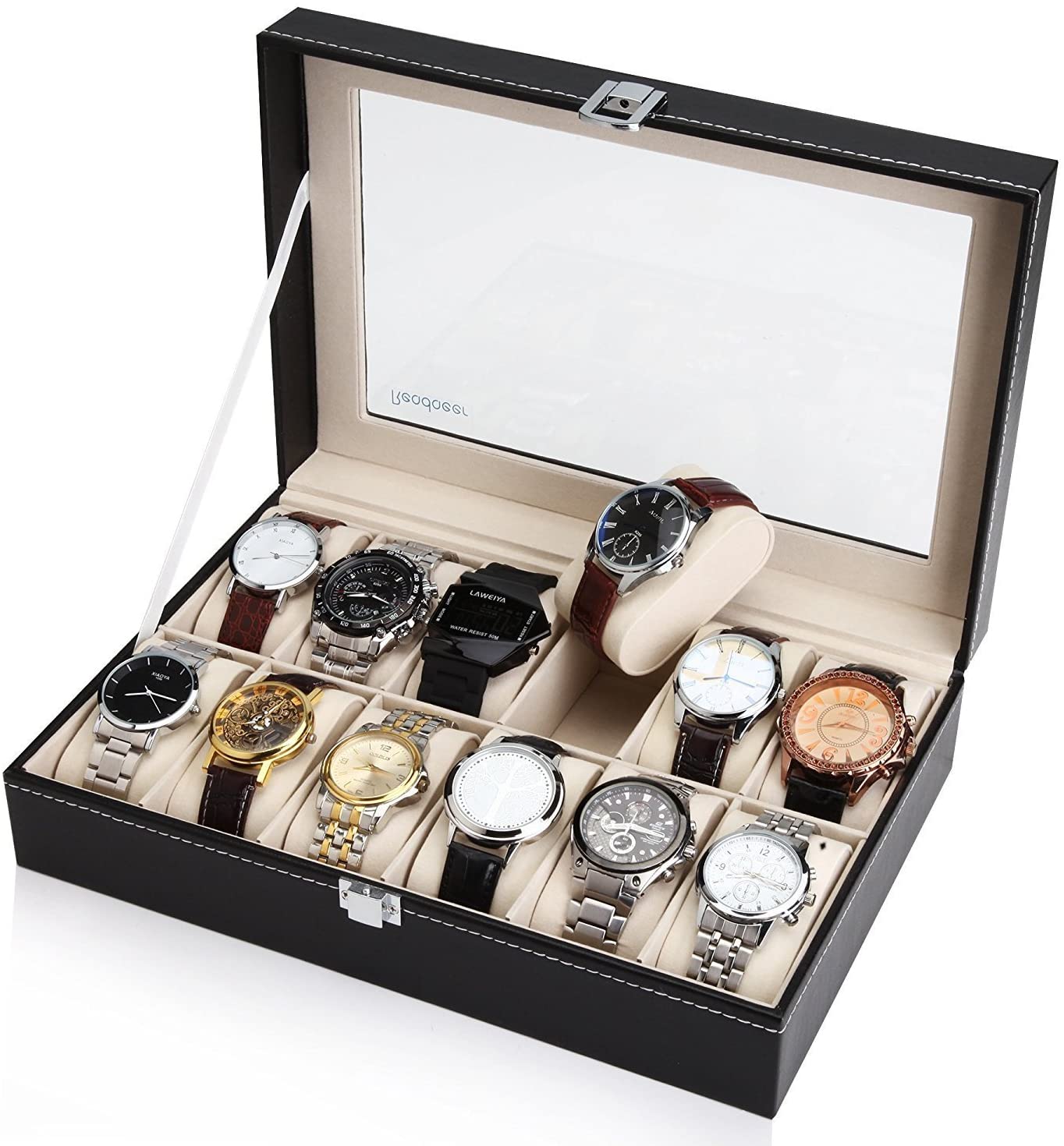 12 Slot Jewelry Organizer with Glass Lid, black