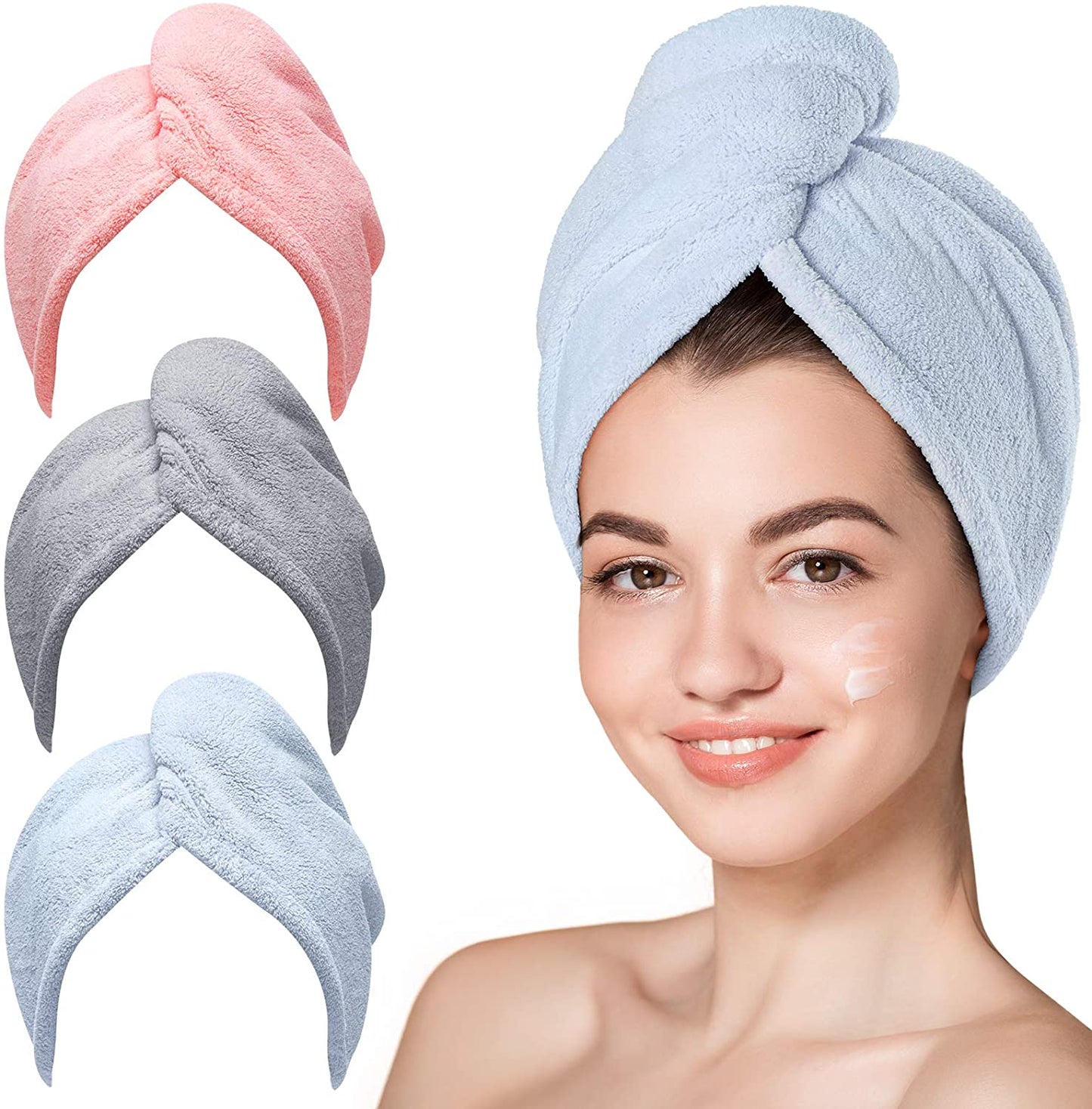 3 packs microfiber towel for damp hair, blue, gray, pink