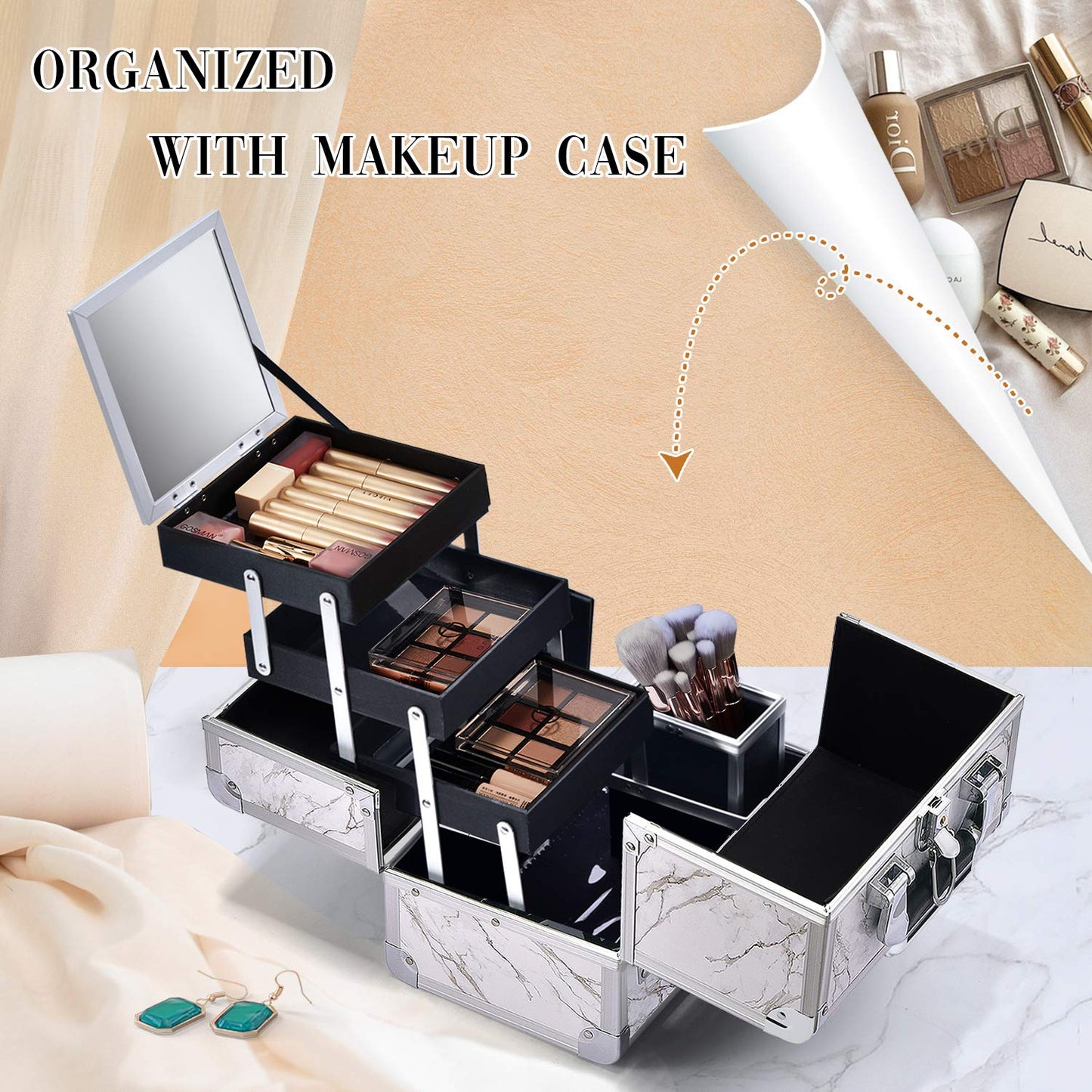 10-Inch 3-Tier Makeup Case with Mirror, White Marble