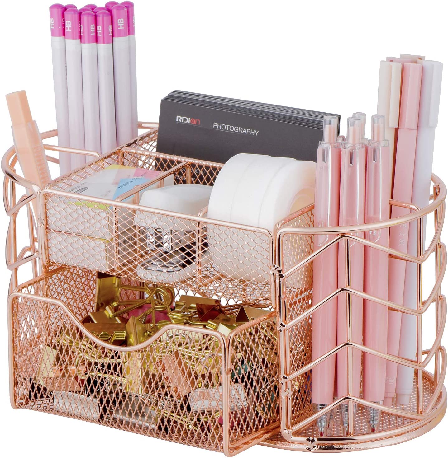 Cute desk organizer trendy mesh for office supplies(Rose Gold)