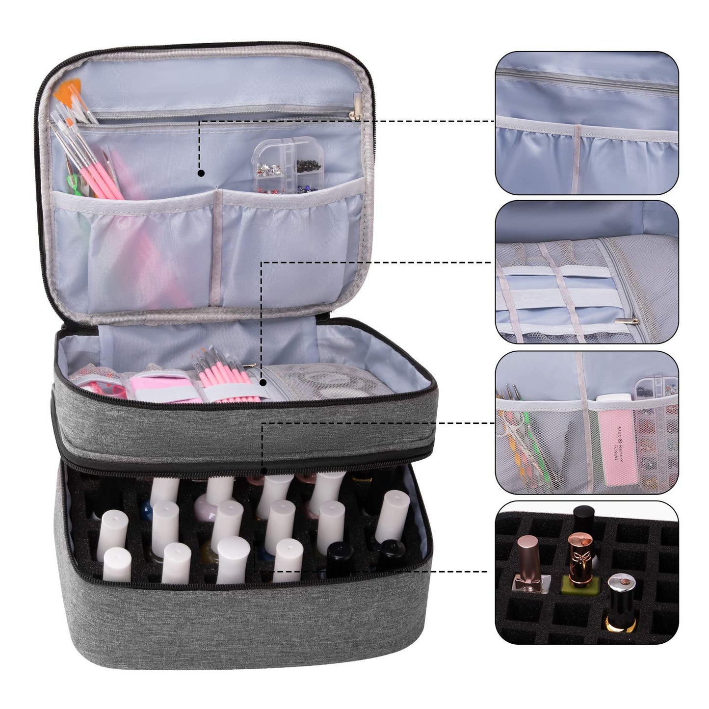 Travel Nail Polish Organizer Holds 30 Bottles (15ml) Gray-Hold