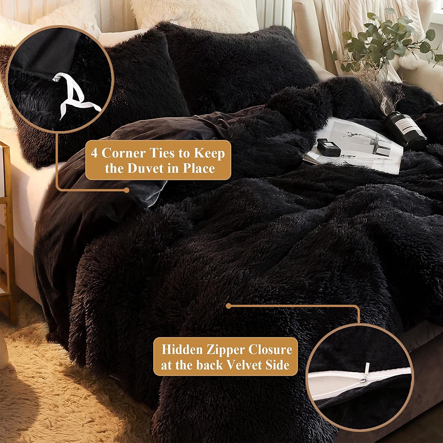 Furry Crystal Velvet 3 Piece Bedding Set (King, Black)