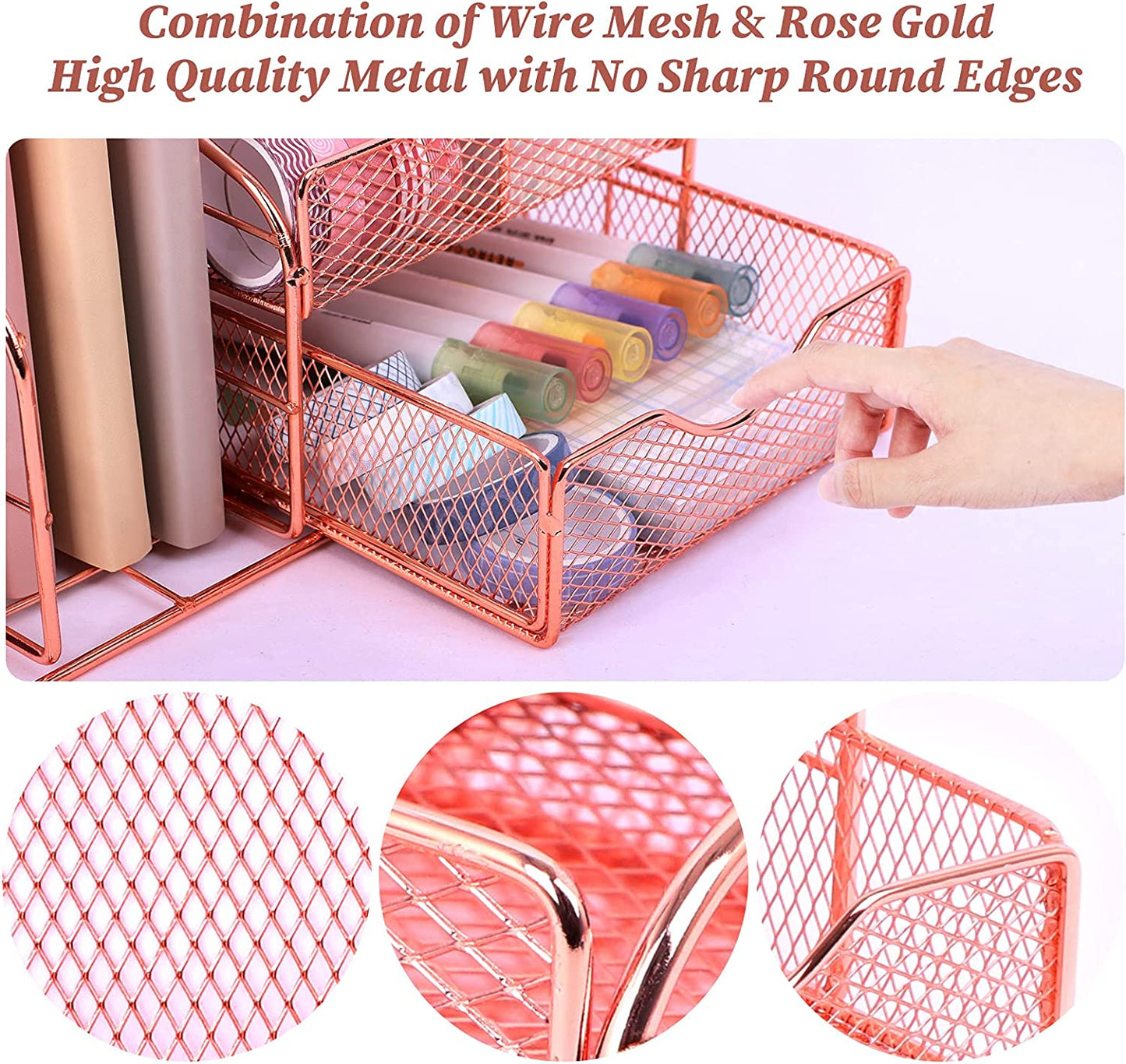 Desk organizer with 6 compartments, metal mesh, Rose Gold