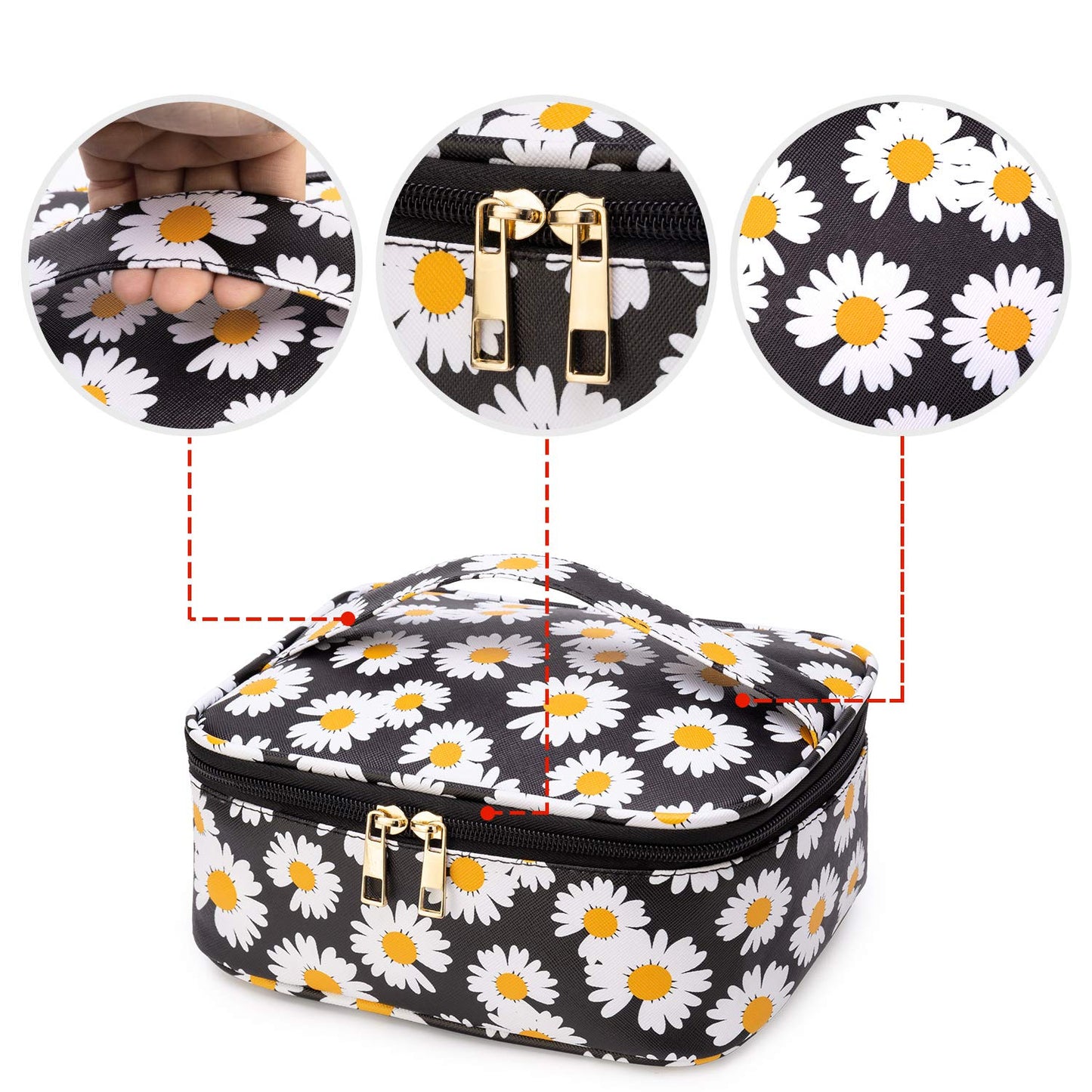 3-Piece Portable Makeup Bag, Waterproof Flower, Black