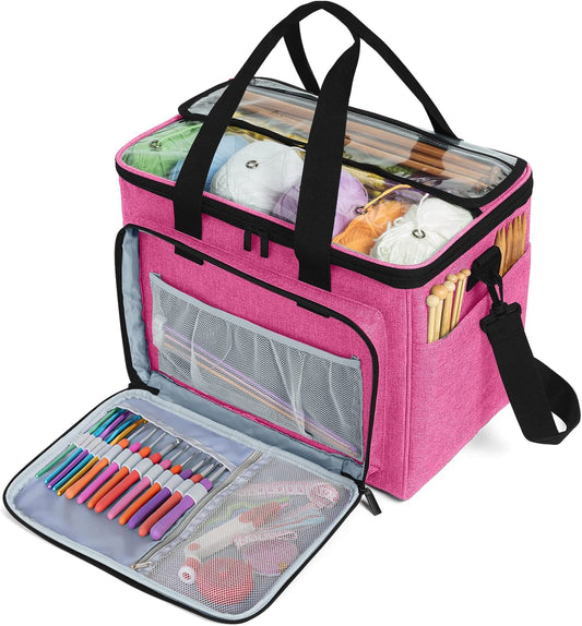 Knitting bag, yarn organizer with inner divider, pink