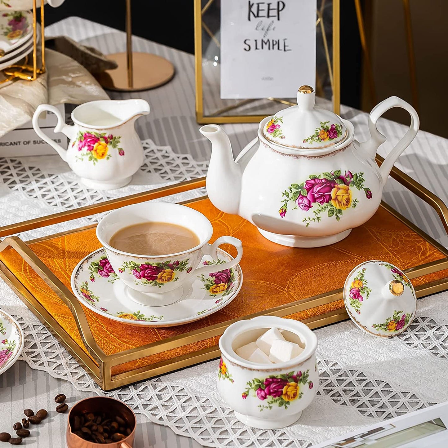 22-Piece Porcelain Tea Set (Pink Flowers)